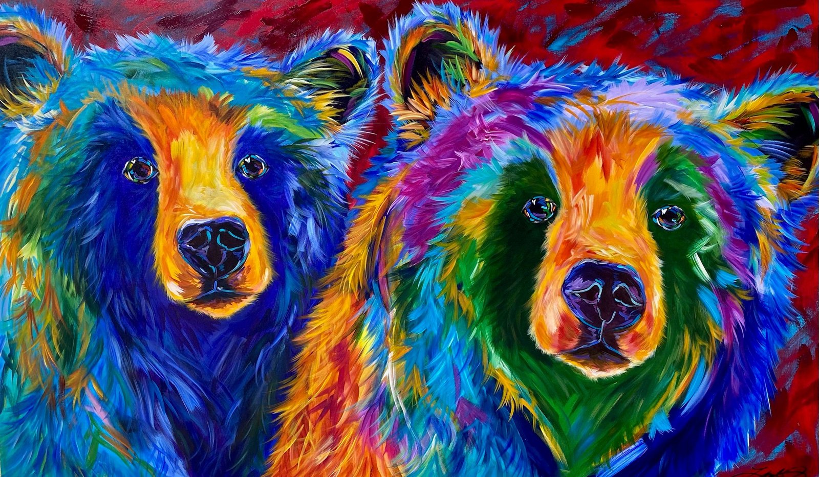 A vividly colorful painting of two bears