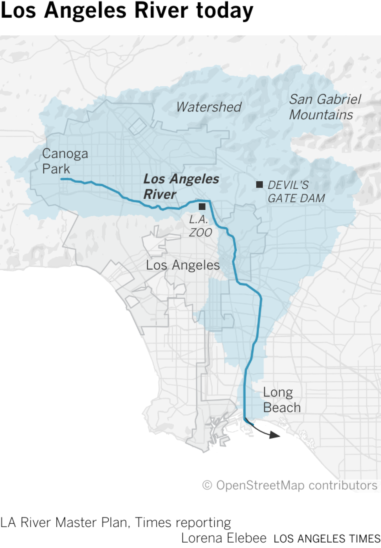 Map show the Los Angeles River today with concrete channel stretching from Los Angeles Zoo through Long Beach.