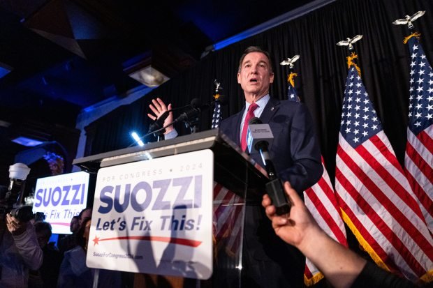 Democratic candidate Tom Suozzi speaking at his election night event after winning for Third Congressional District to replace disgraced former congressman George Santos at the Crest Hollow Country Club, 8325 Jericho Turnpike, in Woodbury, New York on Tuesday, Feb. 13, 2024. (Shawn Inglima for New York Daily News)