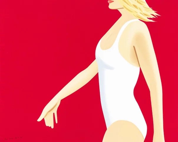 A stylized painting of a blonde woman in a white bathing suit in front of a red background