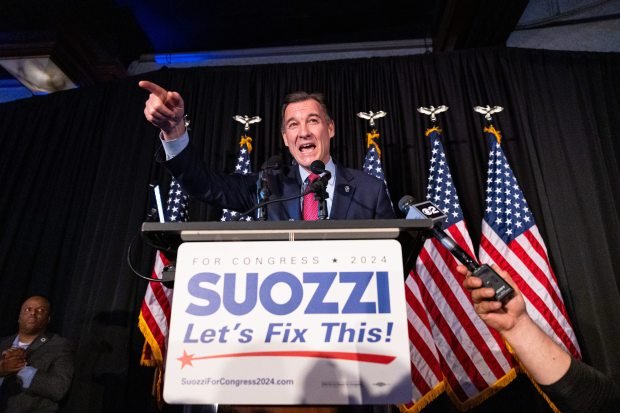 Democratic candidate Tom Suozzi speaking at his election night event after winning for Third Congressional District to replace disgraced former congressman George Santos at the Crest Hollow Country Club, 8325 Jericho Turnpike, in Woodbury, New York on Tuesday, Feb. 13, 2024. (Shawn Inglima for New York Daily News)